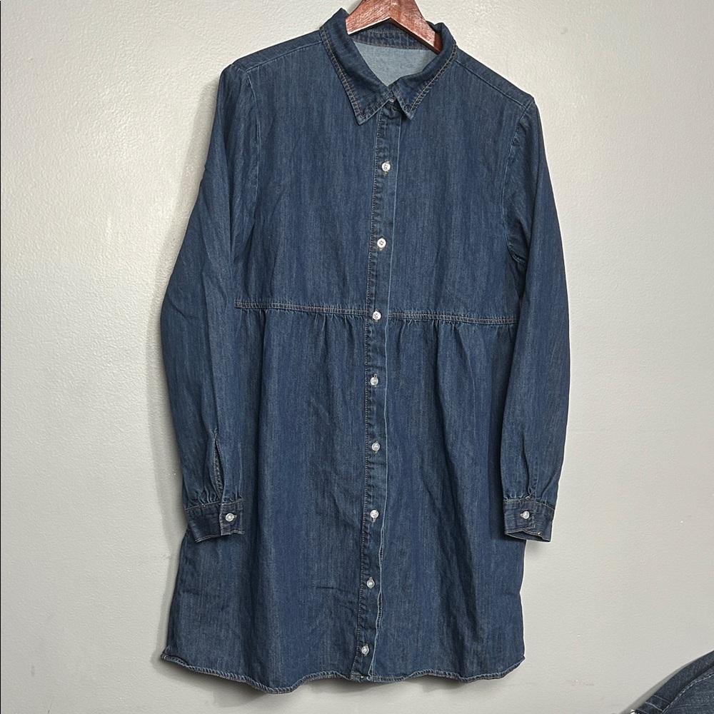 Women's Long Sleeve Denim Shirt Dress Front Button Closure Gathered Waist Large